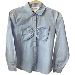 The Shirt Rochelle Behrens‎ Blue Bow Blouse Long Sleeve Peter Pan Collar